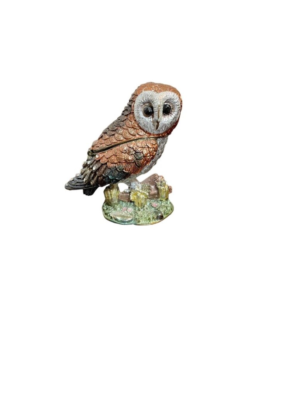 Barn Owl Trinket Box Figurine With Hinged Lid & Rhinestone Accents